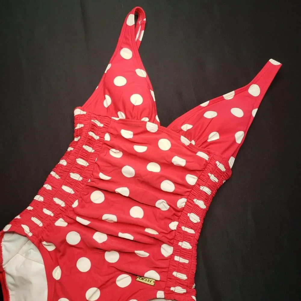 DKNY Swimwear One Piece 4 Red White Polka Dot - Picture 2 of 11